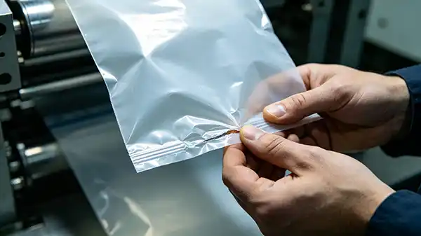 operator inspecting a failed seal with wrinkles on a plastic bag