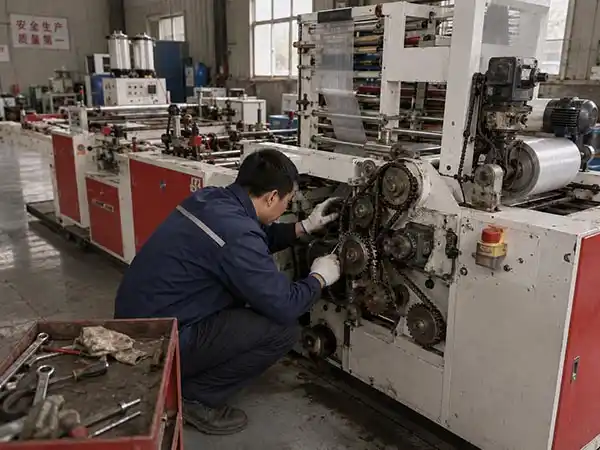 Factory floor worker adjusting a traditional vest bag machine with visible wear on moving parts