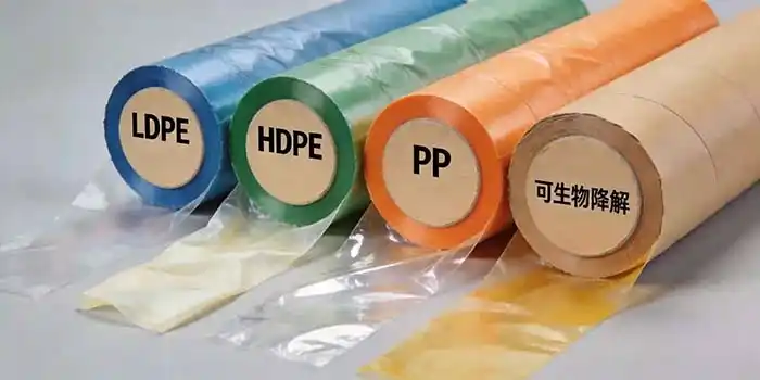 Stack of plastic film rolls labeled LDPE, HDPE, PP, and biodegradable resin