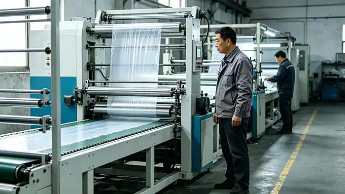 The production line supervisor observes a slow-running bag-making machine—with an operator visible in the background