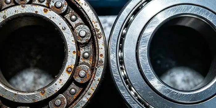 close-up of a worn bearing with visible rust and pitting, next to a new bearing