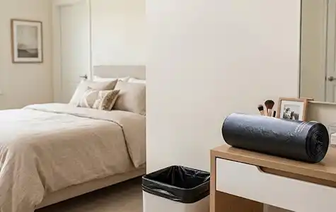 Black garbage bag roll beside trash bin in household waste management application