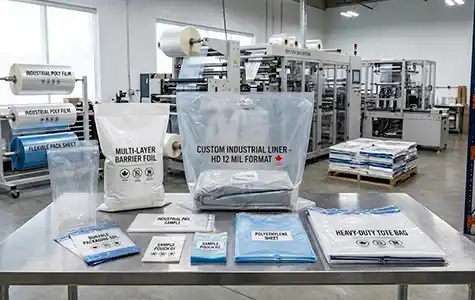 Custom industrial liners, multi-layer barrier pouches and OEM bag samples on factory workbench