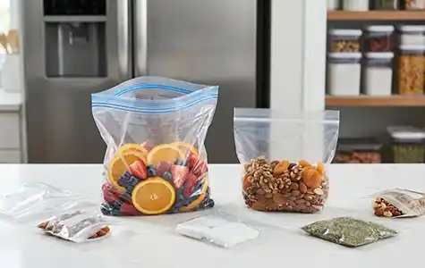 Resealable zipper lock bags with fruits and nuts in kitchen food storage application