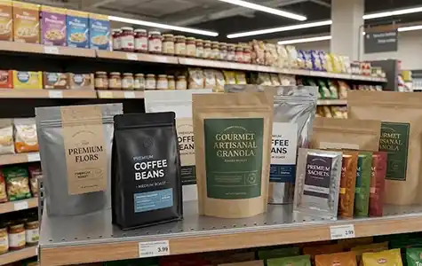 Food packaging pouches and sachets on supermarket shelf — bottom seal bag application