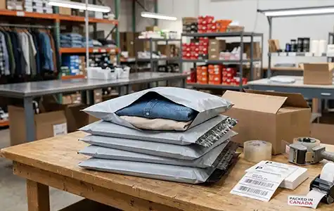 Gray poly mailer courier bags on e-commerce warehouse packing station