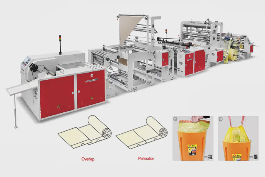 Industrial plastic bag making machine with finished bag examples